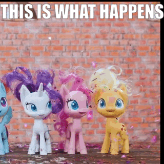 Size: 320x320 | Tagged: safe, edit, edited screencap, screencap, character:applejack, character:pinkie pie, character:rainbow dash, character:rarity, species:earth pony, species:pegasus, species:pony, species:unicorn, my little pony:pony life, animated, brushable, cropped, crossed arms, female, gif, mare, meme, no teeth, public service announcement, toy