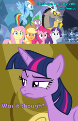 Size: 2000x3103 | Tagged: safe, edit, edited screencap, screencap, character:applejack, character:discord, character:fluttershy, character:pinkie pie, character:rainbow dash, character:rarity, character:spike, character:twilight sparkle, character:twilight sparkle (alicorn), species:alicorn, species:draconequus, species:dragon, species:earth pony, species:pegasus, species:pony, species:unicorn, episode:dragon dropped, episode:the ending of the end, g4, my little pony: friendship is magic, caption, cynical, discord drama, glare, mane six, raised eyebrow, skeptical