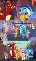 Size: 1280x2160 | Tagged: safe, edit, edited screencap, screencap, character:auburn vision, character:berry blend, character:berry bliss, character:fluttershy, character:garble, character:huckleberry, character:princess ember, character:smolder, character:spike, character:strawberry scoop, character:summer breeze, character:summer meadow, species:dragon, episode:gauntlet of fire, episode:school daze, episode:sweet and smoky, g4, my little pony: friendship is magic, animation error, comparison, friendship student, great moments in animation, height difference