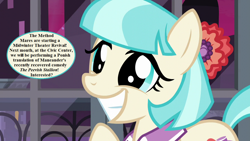 Size: 1280x720 | Tagged: safe, edit, edited screencap, screencap, character:coco pommel, species:pony, episode:made in manehattan, g4, my little pony: friendship is magic, bow, bronybait, cocobetes, cute, dialogue, mane bow, menander, speech, speech bubble, the grouch (play)