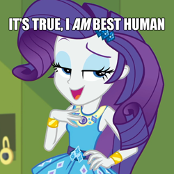 Size: 600x600 | Tagged: safe, edit, edited screencap, screencap, character:rarity, equestria girls:holidays unwrapped, g4, my little pony: equestria girls, my little pony:equestria girls, spoiler:eqg series (season 2), best human, bracelet, canterlot high, caption, cropped, cute, eyeshadow, female, geode of shielding, hallway, image macro, jewelry, lidded eyes, lockers, magical geodes, makeup, meme, open mouth, raribetes, smiling, solo, text