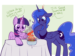 Size: 800x597 | Tagged: safe, artist:lulubell, character:princess luna, character:twilight sparkle, character:twilight sparkle (alicorn), species:alicorn, species:pony, ship:twiluna, bowl, burning, cooking, epic fail, fail, female, fire, food, lesbian, looking at something, mare, salad, shipping, smoke, soot, table, tablecloth, unshorn fetlocks, xk-class end-of-the-kitchen scenario