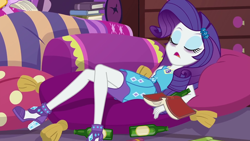 Size: 1280x720 | Tagged: safe, edit, edited screencap, screencap, character:rarity, equestria girls:holidays unwrapped, g4, my little pony: equestria girls, my little pony:equestria girls, spoiler:eqg series (season 2), alcohol, bags under eyes, beer, beer bottle, blizzard or bust, book, drunk rarity, exhausted, eyes closed, eyeshadow, female, geode of shielding, high heels, legs, magical geodes, makeup, passed out, pillow, shoes, sleeping, solo