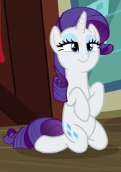 Size: 551x784 | Tagged: safe, edit, edited screencap, screencap, character:rarity, species:pony, species:unicorn, episode:dragon dropped, g4, my little pony: friendship is magic, anatomically incorrect, cropped, cute, female, incorrect leg anatomy, kneeling, lidded eyes, mare, raribetes, solo
