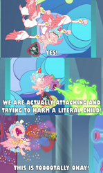 Size: 2000x3363 | Tagged: safe, edit, edited screencap, screencap, character:cozy glow, character:pinkie pie, character:spike, species:alicorn, species:bird, species:dragon, species:pony, episode:the ending of the end, g4, my little pony: friendship is magic, alicornified, bell, canterlot castle, caption, child, comic, confetti, cozy glow drama, cozybuse, cozycorn, eyes closed, female, filly, fire, flying, glowing horn, goose, grogar's bell, horn, image macro, magic, magic aura, meme, op is a duck, op is trying to start shit, party bazooka, party cannon, race swap, sarcasm, screencap comic, stained glass, stained glass window, telekinesis, text, wings