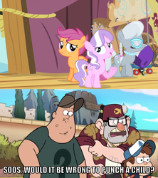 Size: 1111x1249 | Tagged: safe, edit, edited screencap, screencap, character:diamond tiara, character:scootaloo, character:silver spoon, species:pegasus, species:pony, episode:flight to the finish, g4, my little pony: friendship is magic, angry, caption, clothing, dipper pines, eyes closed, gravity falls, grunkle stan, hat, helmet, image macro, impact font, meme, mocking, open mouth, raised hoof, rolling up sleeves, sad, scooter, soos, text