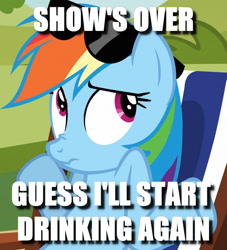 Size: 815x897 | Tagged: safe, edit, edited screencap, screencap, character:rainbow dash, episode:too many pinkie pies, g4, my little pony: friendship is magic, after the show, alcoholism, caption, cropped, dashaholic, image macro, shrug, sunglasses, text