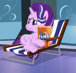 Size: 508x485 | Tagged: safe, edit, edited screencap, screencap, character:starlight glimmer, species:pony, species:unicorn, episode:the crystalling, g4, my little pony: friendship is magic, cropped, fanta, female, lounge chair, mare, product placement, solo