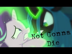 Size: 480x360 | Tagged: safe, edit, edited screencap, screencap, character:queen chrysalis, character:starlight glimmer, species:changeling, species:pony, species:unicorn, angry, changeling queen, duo, female, link in source, mare, not gonna die, scared, skillet (band), song reference, starlight vs chrysalis, thumbnail, youtube link