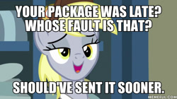 Size: 600x337 | Tagged: safe, edit, edited screencap, screencap, character:derpy hooves, species:pegasus, species:pony, episode:best gift ever, g4, my little pony: friendship is magic, caption, female, image macro, mailmare, mare, solo, text