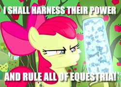 Size: 1134x810 | Tagged: safe, edit, edited screencap, screencap, character:apple bloom, episode:bloom and gloom, g4, my little pony: friendship is magic, apple, apple tree, caption, cropped, female, image macro, scheming, solo, text, tree, twittermite