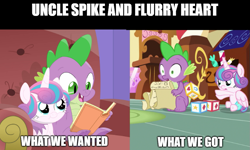 Size: 829x499 | Tagged: safe, edit, edited screencap, screencap, character:princess flurry heart, character:spike, species:alicorn, species:dragon, species:pony, episode:a flurry of emotions, g4, my little pony: friendship is magic, blocks, bonding, book, female, filly, list, male, meme, missed opportunities, paper, reading, sitting, sugarcube corner, text, throwing, uncle spike