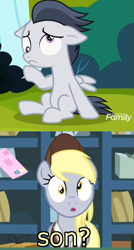 Size: 577x1077 | Tagged: safe, edit, edited screencap, screencap, character:derpy hooves, character:rumble, species:pegasus, species:pony, episode:between dark and dawn, episode:marks and recreation, g4, my little pony: friendship is magic, caption, colt, cropped, derp, discovery family logo, dizzy, dizzy eyes, female, image macro, male, sitting, text