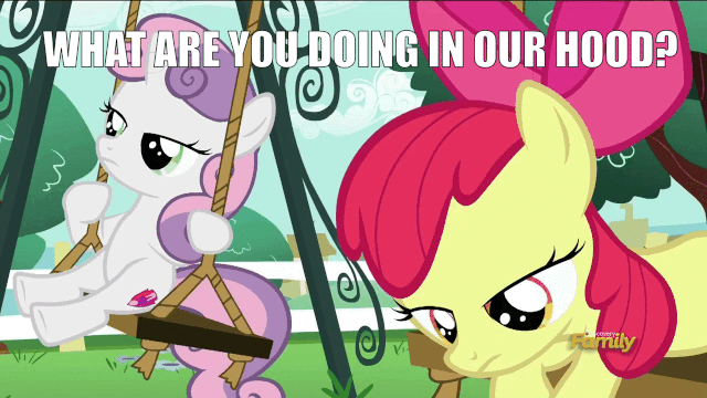 Size: 640x360 | Tagged: safe, edit, edited screencap, screencap, character:apple bloom, character:sweetie belle, episode:on your marks, g4, my little pony: friendship is magic, animated, caption, cropped, gif, image macro, swing, text, wrong neighborhood