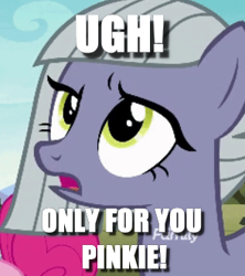 Size: 294x331 | Tagged: safe, edit, edited screencap, screencap, character:limestone pie, character:pinkie pie, episode:the maud couple, g4, my little pony: friendship is magic, caption, cropped, image macro, sisterly love, solo focus, text, ugh