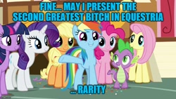 Size: 888x500 | Tagged: safe, edit, edited screencap, screencap, character:applejack, character:fluttershy, character:pinkie pie, character:rainbow dash, character:rarity, character:spike, character:twilight sparkle, character:twilight sparkle (alicorn), species:alicorn, species:dragon, species:pony, episode:the last crusade, g4, my little pony: friendship is magic, caption, image macro, mane seven, mane six, op is a duck, text, vulgar, winged spike