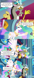 Size: 2000x4488 | Tagged: safe, edit, edited screencap, screencap, character:discord, character:princess celestia, character:princess luna, character:twilight sparkle, character:twilight sparkle (alicorn), species:alicorn, species:draconequus, species:pony, episode:the ending of the end, g4, my little pony: friendship is magic, angry, canterlot castle, canterlot throne room, comic, dialogue, discord drama, good intentions, good intentions gone wrong, hurricane neddy, ned flanders, nervous, pointing, reference, screencap comic, speech bubble, stained glass, stained glass window, the simpsons