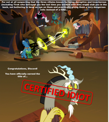 Size: 2016x2255 | Tagged: safe, edit, edited screencap, screencap, character:cozy glow, character:discord, character:grogar, character:lord tirek, character:queen chrysalis, species:alicorn, species:centaur, species:changeling, species:draconequus, species:pegasus, species:pony, species:ram, species:sheep, episode:the ending of the end, g4, my little pony: friendship is magic, alicornified, antagonist, beard, bell, betrayal, caption, certified idiot, changeling queen, changeling slime, cloven hooves, collar, comic, cozycorn, crown, crystal ball, dark magic, discord drama, evil lair, facial hair, female, filly, flying, grogar's bell, grogar's lair, grogar's orb, horns, image macro, jewelry, lair, magic, magic drain, male, meme, mucus, nervous, op is right, race swap, regalia, screencap comic, series finale drama, shackles, sheepish, slime, text, ultimate chrysalis, water, wings