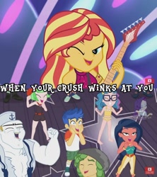 Size: 1080x1215 | Tagged: safe, edit, edited screencap, screencap, character:bulk biceps, character:desert sage, character:drama letter, character:flash sentry, character:sandalwood, character:sunset shimmer, character:watermelody, ship:flashimmer, equestria girls:spring breakdown, g4, my little pony: equestria girls, my little pony:equestria girls, spoiler:eqg series (season 2), all good (song), belly button, bikini, clothing, desert sage, doodle bug, female, male, midriff, mile hill, offscreen character, shipping, straight, swimsuit, tankini, technicolor waves, waldo whereabout