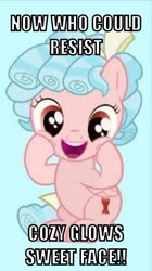 Size: 400x713 | Tagged: safe, edit, edited screencap, screencap, character:cozy glow, caption, cozy glow is best facemaker, cozybetes, cropped, cute, female, filly, foal, image macro, needs more jpeg, solo, text