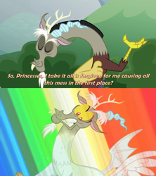 Size: 2000x2251 | Tagged: safe, edit, edited screencap, screencap, character:discord, species:draconequus, episode:the ending of the end, episode:the return of harmony, g4, my little pony: friendship is magic, a worse ending for discord, abuse, bowing, caption, comeuppance, comic, discord drama, discordabuse, eyes closed, how it should have ended, image macro, karma, petrification, reality ensues, scared, screencap comic, taste the rainbow, text, turned to stone