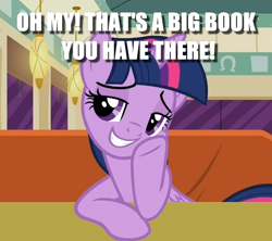 Size: 652x579 | Tagged: safe, edit, edited screencap, screencap, character:twilight sparkle, character:twilight sparkle (alicorn), species:alicorn, species:pony, episode:the saddle row review, g4, my little pony: friendship is magic, book, caption, cropped, female, flirty, hoof on chin, image macro, solo, text, that pony sure does love books