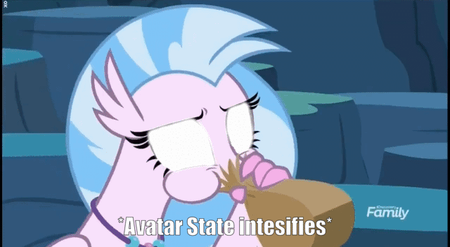 Size: 640x351 | Tagged: safe, edit, edited screencap, screencap, character:silverstream, species:classical hippogriff, species:hippogriff, episode:uprooted, g4, my little pony: friendship is magic, animated, avatar silverstream, avatar state, avatar the last airbender, caption, discovery family logo, female, gif, glowing eyes, hyperventilating, meme, paper bag, solo, text, twilighting