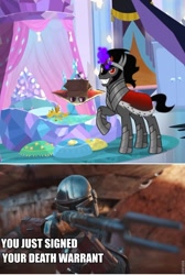 Size: 644x960 | Tagged: safe, edit, edited screencap, screencap, character:king sombra, species:pony, episode:the beginning of the end, g4, my little pony: friendship is magic, spoilers for another series, baby yoda, crossover, papa bear, star wars, the mandalorian