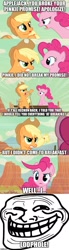 Size: 500x1813 | Tagged: safe, edit, edited screencap, screencap, character:applejack, character:pinkie pie, species:earth pony, species:pony, episode:the last roundup, g4, my little pony: friendship is magic, caption, desert, dialogue, image macro, loophole, meme, pinkie promise, quote, stagecoach, text, trollface