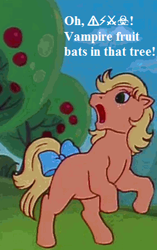 Size: 250x399 | Tagged: safe, edit, edited screencap, screencap, character:applejack (g1), species:earth pony, species:pony, episode:rescue at midnight castle, g1, my little pony 'n friends, apple, apple tree, bow, censored vulgarity, cropped, food, g4 to g1, generation leap, grass, grawlixes, rearing, sky, speech, tail bow, tree, vulgar