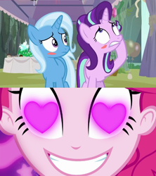 Size: 500x562 | Tagged: safe, edit, edited screencap, screencap, character:pinkie pie, character:starlight glimmer, character:trixie, ship:startrix, episode:coinky-dink world, episode:student counsel, eqg summertime shorts, g4, my little pony: equestria girls, my little pony:equestria girls, female, heart eyes, lesbian, meme, pinkie's eyes, shipping, wingding eyes