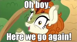 Size: 600x331 | Tagged: safe, edit, edited screencap, screencap, character:autumn blaze, species:kirin, episode:sounds of silence, g4, my little pony: friendship is magic, caption, female, here we go again, image macro, looking at you, oh boy here we go, raised hoof, reaction image, solo, text