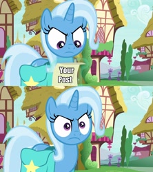 Size: 1920x2160 | Tagged: safe, edit, edited screencap, screencap, character:trixie, species:pony, species:unicorn, episode:student counsel, angry, bag, caption, faec, female, forum weapon, horn, image macro, impact font, levitation, looking down, magic, mare, meme, paper, ponyville, purple eyes, reaction image, saddle bag, scroll, solo, telekinesis, text, that post gave me cancer, trixie is not amused, trixie yells at everything, unamused, what the fuck am i reading