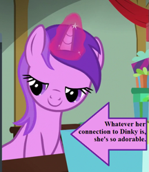 Size: 513x594 | Tagged: safe, edit, edited screencap, screencap, character:amethyst star, character:sparkler, species:pony, species:unicorn, episode:best gift ever, episode:hearth's warming eve, g4, my little pony: friendship is magic, arrow, awwmethyst star, background pony, captain obvious, cropped, cute, female, glowing horn, horn, implied dinky, magic, magic aura, mare, present, solo, text