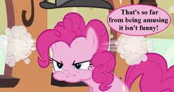 Size: 993x530 | Tagged: safe, edit, edited screencap, screencap, character:pinkie pie, species:pony, episode:mmmystery on the friendship express, g4, my little pony: friendship is magic, angry, clothing, cropped, dialogue, dude not funny (reaction image), female, hat, high-pressure emotion, pun, reaction image, solo, speech, speech bubble, steam, train