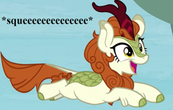 Size: 704x448 | Tagged: safe, edit, edited screencap, screencap, character:autumn blaze, species:kirin, episode:sounds of silence, g4, my little pony: friendship is magic, awwtumn blaze, cropped, cute, flipped image, leaping, squee