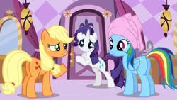 Size: 1280x720 | Tagged: safe, edit, edited screencap, screencap, character:applejack, character:rainbow dash, character:rarity, species:pony, episode:the best night ever, g4, my little pony: friendship is magic, inverted mouth, missing accessory, towel, towel on head, we don't normally wear clothes