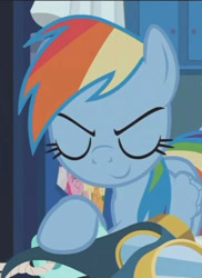 Size: 524x720 | Tagged: safe, edit, edited screencap, screencap, character:rainbow dash, species:pony, episode:parental glideance, g4, my little pony: friendship is magic, close-up, cropped, eyes closed, inverted mouth, smiling