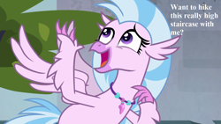 Size: 1280x720 | Tagged: safe, edit, edited screencap, screencap, character:silverstream, episode:school daze, g4, my little pony: friendship is magic, bronybait, cute, diastreamies, jewelry, necklace, speech, that hippogriff sure does love stairs