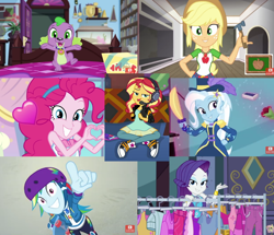 Size: 1000x861 | Tagged: safe, edit, edited screencap, screencap, character:applejack, character:pinkie pie, character:rainbow dash, character:rarity, character:spike, character:spike (dog), character:sunset shimmer, character:trixie, species:dog, episode:diy with applejack, episode:game stream, episode:reboxing with spike!, episode:sic skateboard, episode:street chic, episode:street magic with trixie, episode:the craft of cookies, g4, my little pony: equestria girls, my little pony:equestria girls, spoiler:eqg series (season 2), bed, bracelet, clothes rack, clothing, crossed legs, eyeshadow, geode of shielding, geode of super speed, geode of super strength, hammer, hat, headphones, heart, heart hands, helmet, jewelry, lidded eyes, magical geodes, makeup, medals, pointing, sci-twi's room, skateboard, spike's dog collar, top hat, trophy, youtuber
