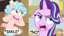 Size: 1200x670 | Tagged: safe, edit, edited screencap, screencap, character:cozy glow, character:starlight glimmer, species:pegasus, species:pony, species:unicorn, episode:the summer sun setback, g4, my little pony: friendship is magic, bow, cozy glow is best facemaker, cozybetes, cropped, cute, dialogue, discovery family logo, duo, duo female, episode needed, female, filly, floppy ears, hair bow, mare, open mouth, smiling, spread wings, teeth, wings