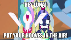 Size: 600x337 | Tagged: safe, edit, edited screencap, screencap, character:princess celestia, character:princess luna, episode:between dark and dawn, g4, my little pony: friendship is magic, caption, image macro, text, the emperor's new groove