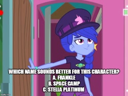 Size: 666x500 | Tagged: safe, edit, edited screencap, screencap, episode:five lines you need to stand in, g4, my little pony: equestria girls, my little pony:equestria girls, spoiler:eqg series (season 2), caption, clothing, female, hat, image macro, space camp (character), text
