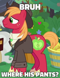 Size: 600x772 | Tagged: safe, edit, edited screencap, screencap, character:big mcintosh, episode:the big mac question, g4, my little pony: friendship is magic, caption, clothing, cropped, image macro, meme, solo focus, text, the ass was fat, we don't normally wear clothes