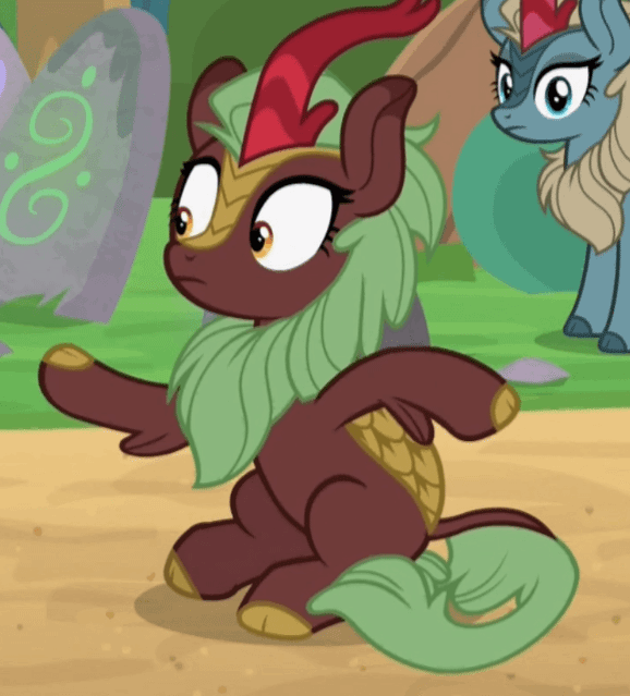 Size: 578x639 | Tagged: safe, edit, edited screencap, screencap, character:cinder glow, character:sparkling brook, character:summer flare, species:kirin, episode:sounds of silence, g4, my little pony: friendship is magic, animated, background kirin, charades, cinderbetes, cloven hooves, club can't handle me, cropped, cute, female, flailing, gif, hooves, leg fluff, loop, noodle arms, perfect loop, quadrupedal, silly, sitting, wide eyes
