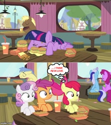Size: 500x563 | Tagged: safe, edit, edited screencap, screencap, character:apple bloom, character:scootaloo, character:sweetie belle, character:twilight sparkle, character:twilight sparkle (alicorn), species:alicorn, species:earth pony, species:pegasus, species:pony, species:unicorn, episode:twilight time, g4, my little pony: friendship is magic, burger, cutie mark crusaders, eating, food, french fries, hay burger, hay fries, imgflip, implied twibloom, meme, twilight burgkle