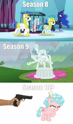 Size: 1280x2160 | Tagged: safe, edit, edited screencap, screencap, character:cozy glow, character:guardian angel, character:lord tirek, character:princess luna, character:queen chrysalis, species:alicorn, species:pegasus, species:pony, episode:school raze, episode:the ending of the end, g4, my little pony: friendship is magic, beretta, beretta 92fs, cozybuse, female, filly, guard, guardsmare, gun, handgun, legion of doom statue, male, mare, no regrets, petrification, pistol, royal guard, season 10, stallion, statue, tartarus, that escalated quickly, threatening, weapon
