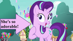 Size: 1280x720 | Tagged: safe, edit, edited screencap, screencap, character:starlight glimmer, species:pony, species:unicorn, episode:triple threat, g4, my little pony: friendship is magic, arrow, balloon, cute, female, glimmerbetes, mare, open mouth, ponyville, raised hoof, solo, text