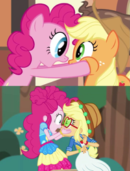 Size: 903x1186 | Tagged: safe, edit, edited screencap, screencap, character:applejack, character:pinkie pie, species:earth pony, species:pony, episode:accountibilibuddies, episode:mmmystery on the friendship express, g4, my little pony: equestria girls, my little pony: friendship is magic, my little pony:equestria girls, spoiler:choose your own ending (season 2), spoiler:eqg series (season 2), accountibilibuddies: pinkie pie, cheeks, face grab, funny, squishy cheeks