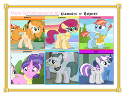 Size: 1017x786 | Tagged: safe, edit, edited screencap, screencap, character:cloudy quartz, character:cookie crumbles, character:pear butter, character:posey shy, character:twilight velvet, character:windy whistles, species:pony, episode:flutter brutter, episode:hearthbreakers, episode:inspiration manifestation, episode:parental glideance, episode:the cutie mark chronicles, episode:the perfect pear, g4, my little pony: friendship is magic, element of generosity, element of honesty, element of kindness, element of laughter, element of loyalty, element of magic, elements of harmony, mom six